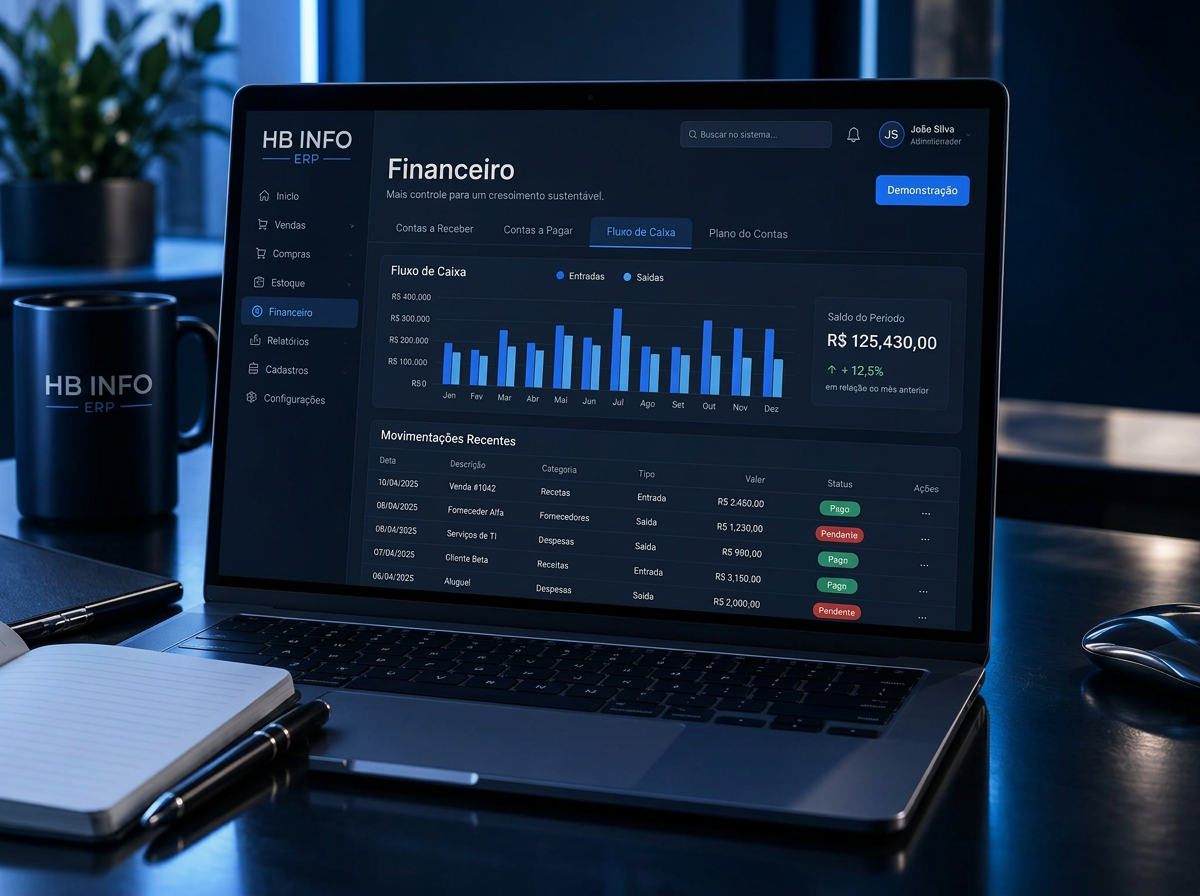Tela financeira do HB Info ERP em notebook com gráfico de fluxo de caixa e movimentações